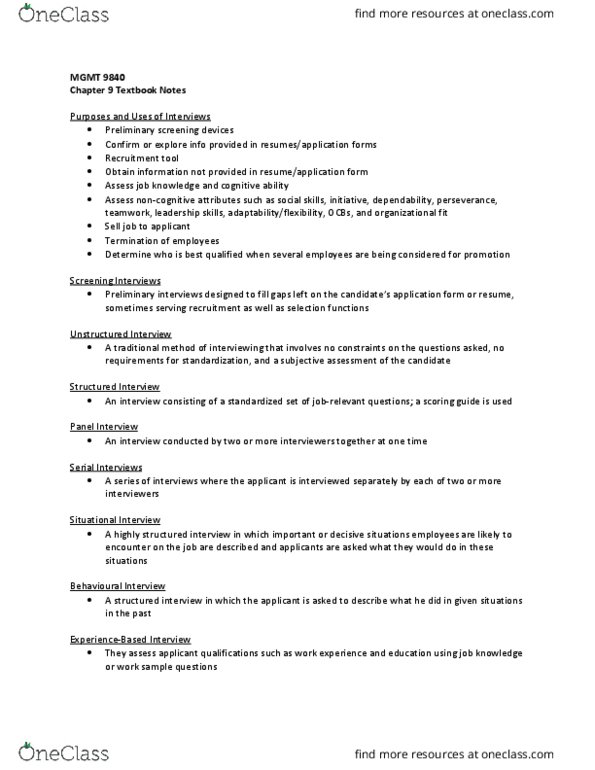 MGMT9840 Chapter Notes - Chapter 9: Recruitment Tool, Structured Interview, Videotelephony thumbnail