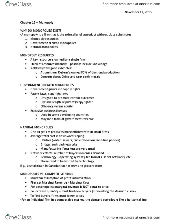 EC120 Lecture Notes - Lecture 13: Average Cost, Marginal Revenue, Natural Monopoly thumbnail