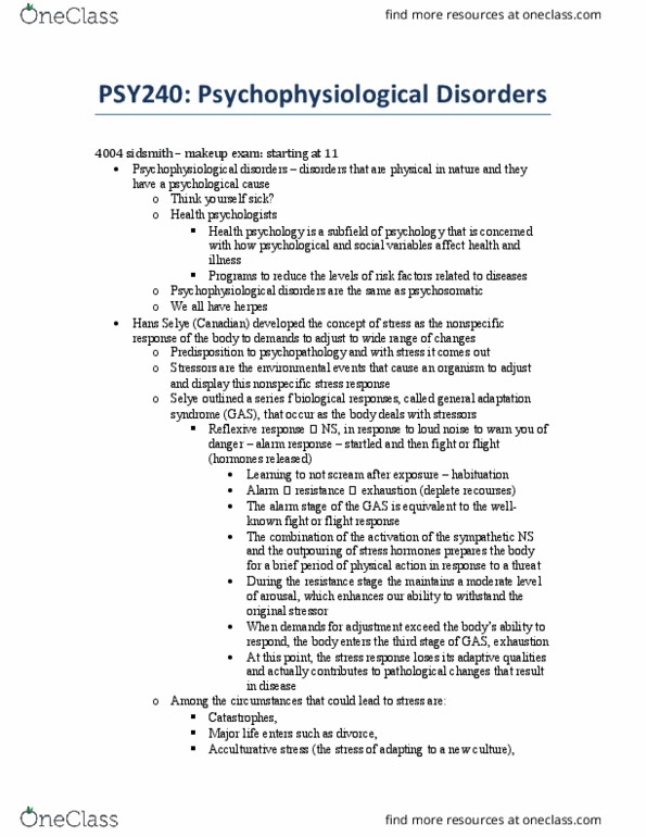 PSY240H1 Lecture Notes - Lecture 7: Hans Selye, Health Psychology, Psychopathology thumbnail