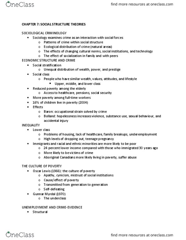 CC100 Lecture Notes - Lecture 7: Gunnar Myrdal, Oscar Lewis, Social Disorganization Theory thumbnail