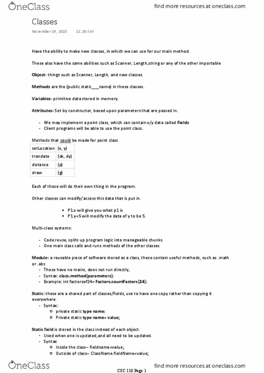 CSC 110 Lecture Notes - Lecture 29: Code Reuse, Access Modifiers thumbnail