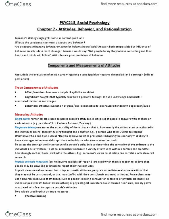 PSYC 215 Lecture Notes - Lecture 7: Cognitive Dissonance, Implicit Attitude, Implicit-Association Test thumbnail