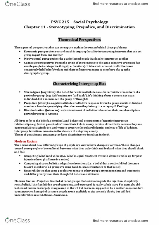 PSYC 215 Lecture Notes - Lecture 11: Realistic Conflict Theory, Ambivalent Sexism, Symbolic Racism thumbnail