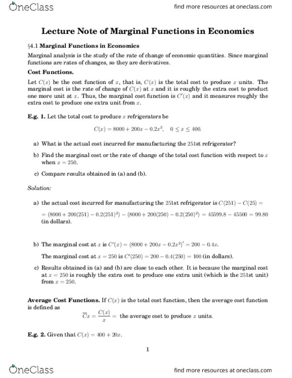 MATH 151 Lecture Notes - Lecture 7: Marginal Concepts, Marginal Cost, Marginalism thumbnail