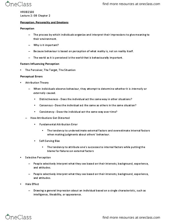 HROB 2100 Lecture Notes - Lecture 2: Fundamental Attribution Error, Stereotype, Extraversion And Introversion thumbnail