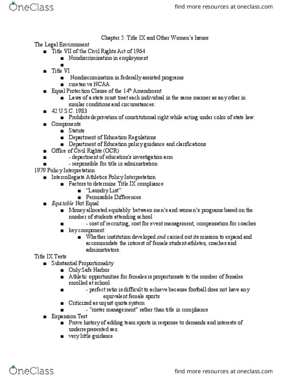 BLAW 3230 Lecture Notes - Lecture 5: Grove City College, Equal Protection Clause, Civil Rights Act Of 1964 thumbnail