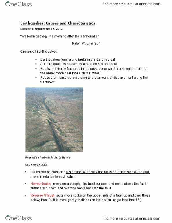 EARTHSC 2GG3 Lecture Notes - Lecture 5: Mercalli Intensity Scale, San Andreas Fault, San Andreas, California thumbnail