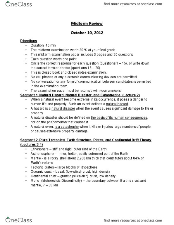 EARTHSC 2GG3 Lecture Notes - Lecture 14: San Andreas Fault, Continental Crust, Oceanic Crust thumbnail