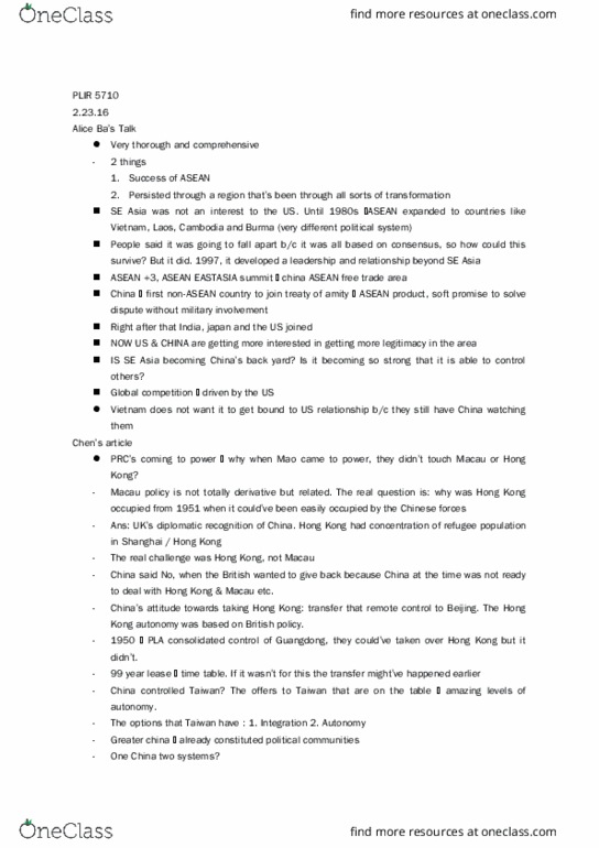 PLIR 4999 Lecture Notes - Lecture 3: Asean Free Trade Area, Greater China, Nations Of Nineteen Eighty-Four thumbnail