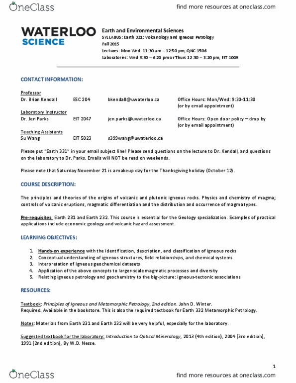 EARTH331 Lecture Notes - Lecture 1: Igneous Petrology, Igneous Differentiation, Continental Crust thumbnail