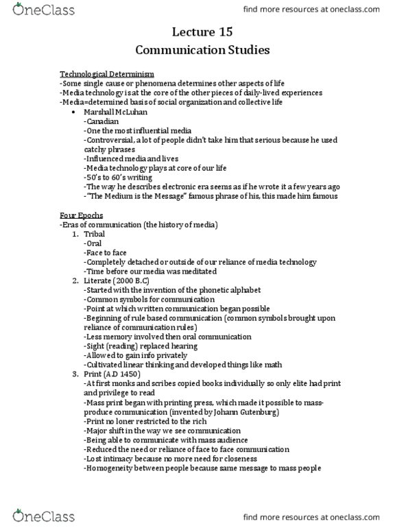 COMS 201 Lecture Notes - Lecture 15: Mass Communication, Technological Determinism, Lobes Of The Brain thumbnail