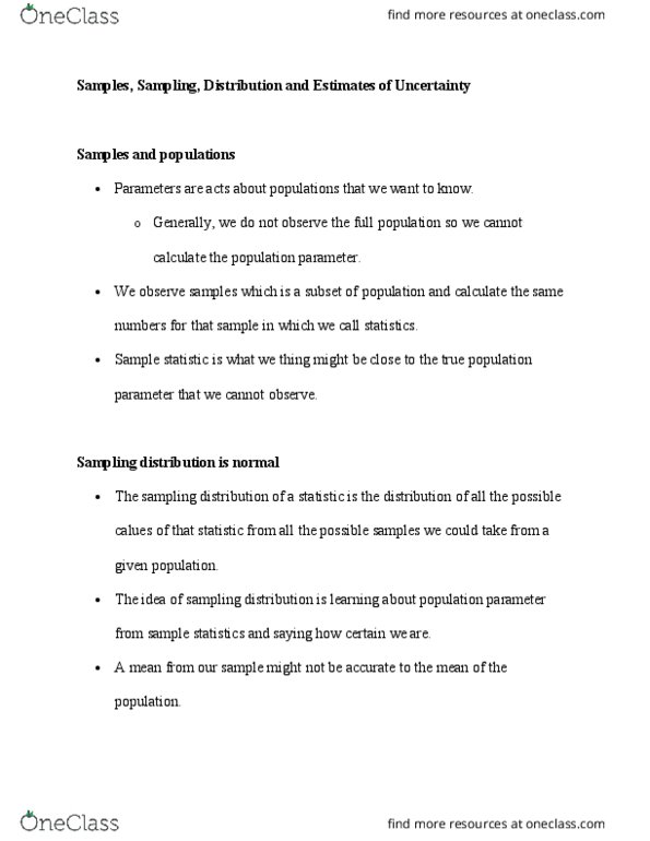 POLI 380 Lecture Notes - Lecture 21: Statistical Parameter, Statistic, Sampling Distribution thumbnail