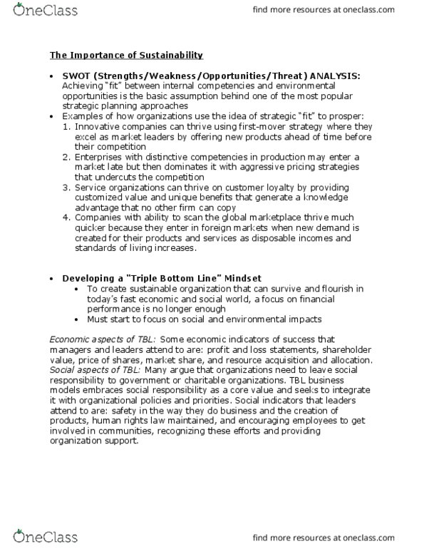 MGMT 1000 Lecture Notes - Lecture 3: Swot Analysis, Triple Bottom Line thumbnail