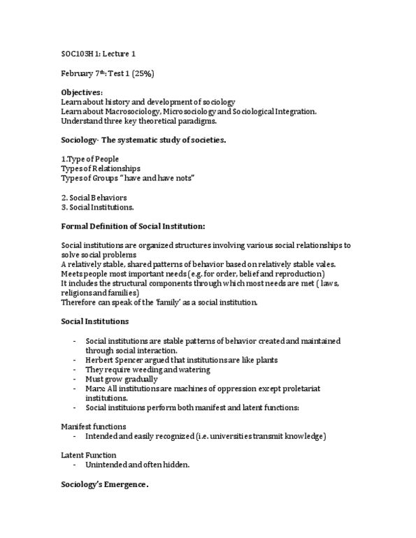 SOC103H1 Lecture Notes - Symbolic Interactionism, Married People, Social Stratification thumbnail