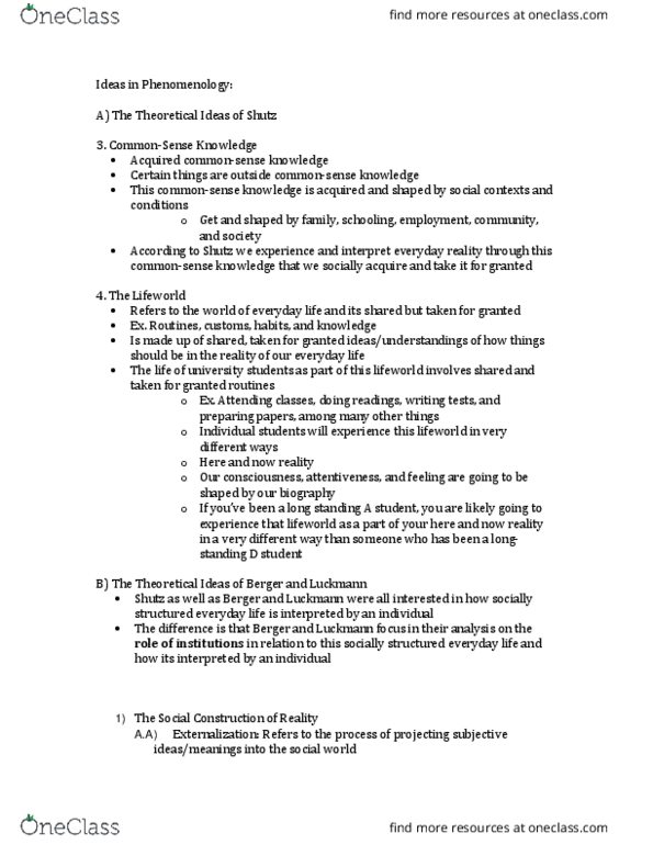 SOCIOL 2S06 Lecture Notes - Lecture 18: Lifeworld, Externalization, Conversation Analysis thumbnail