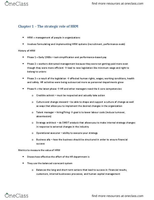 BU354 Chapter Notes - Chapter 1: Balanced Scorecard, Swot Analysis, Talent Manager thumbnail