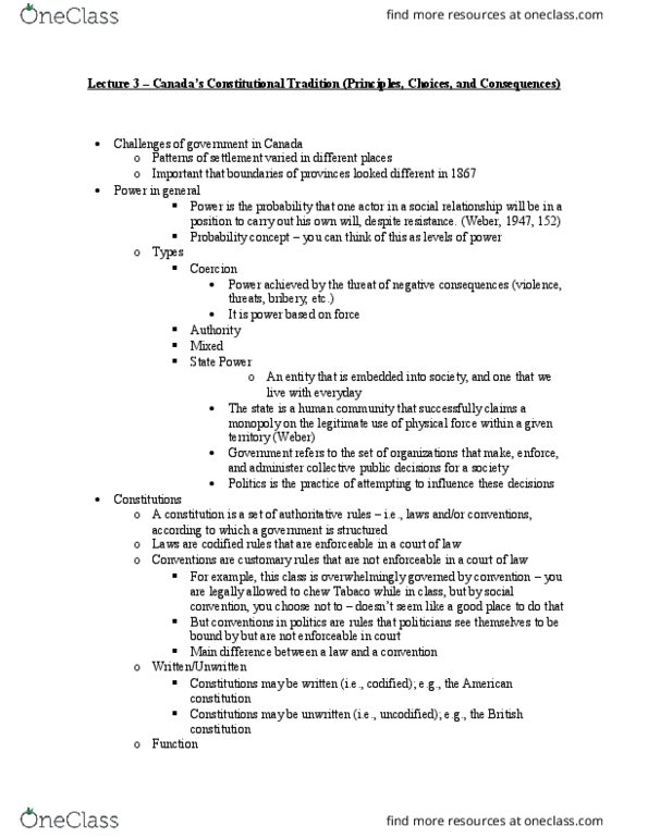 POLD50H3 Lecture Notes - Lecture 3: Constitution Of The United Kingdom, Legislature, Limited Government thumbnail