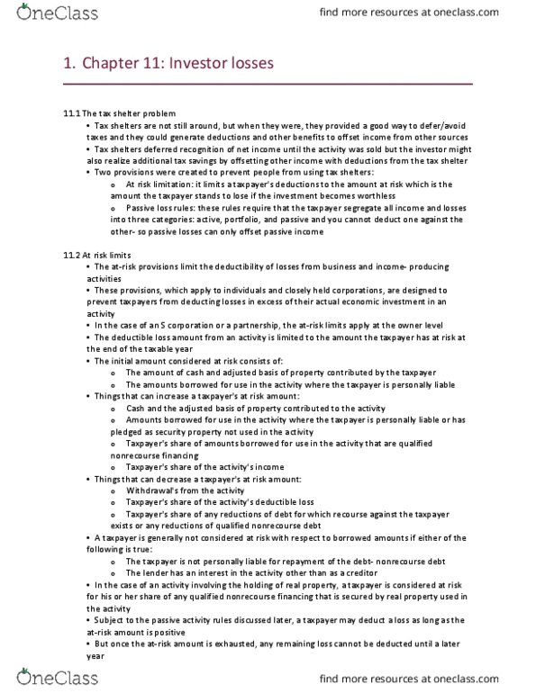 MGMT 127A Chapter Notes - Chapter 11: Nonrecourse Debt, Passive Income, Tax Shelter thumbnail