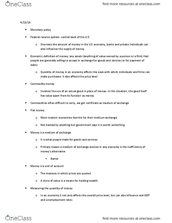 ECON 100 Lecture Notes - Lecture 19: Federal Reserve System, Commodity Money, Time Deposit thumbnail