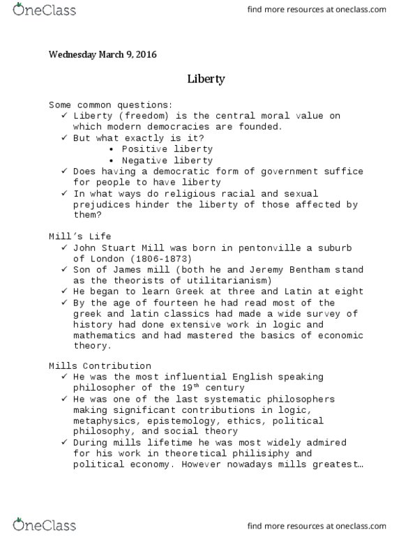 PHI 1103 Lecture Notes - Lecture 12: John Stuart Mill, Jeremy Bentham, Negative Liberty thumbnail
