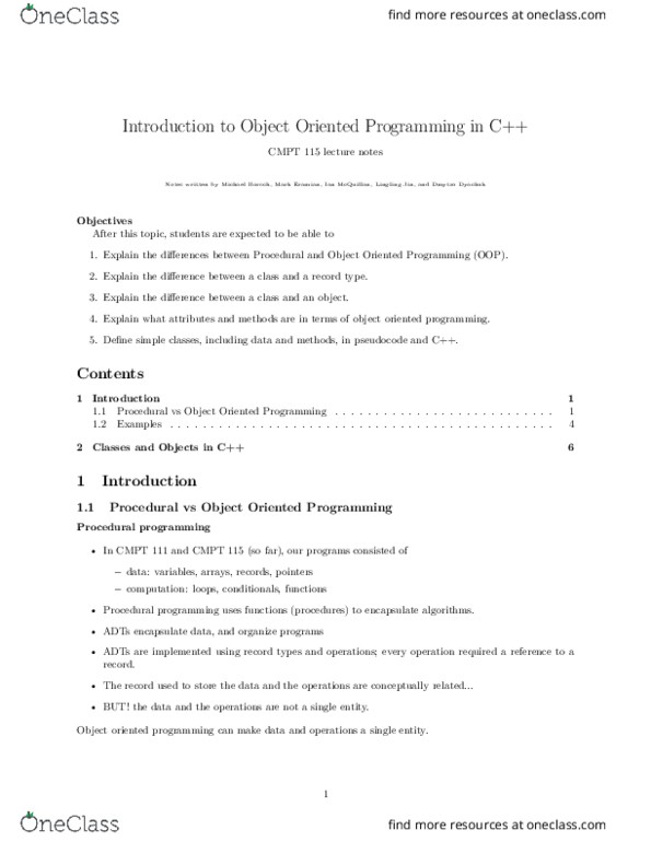 CMPT 115 Lecture Notes - Lecture 15: Object-Oriented Programming, The C Programming Language, Procedural Programming thumbnail