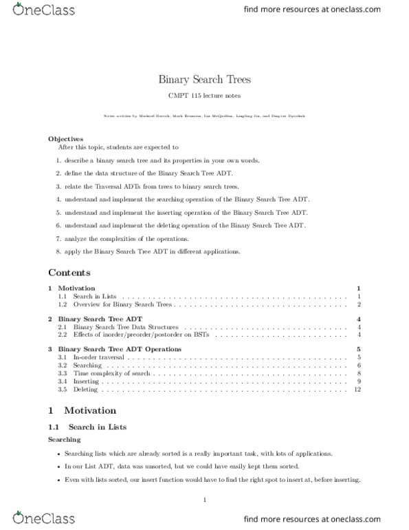 CMPT 115 Lecture Notes - Lecture 14: Binary Search Tree, Tree Traversal, Binary Search Algorithm thumbnail