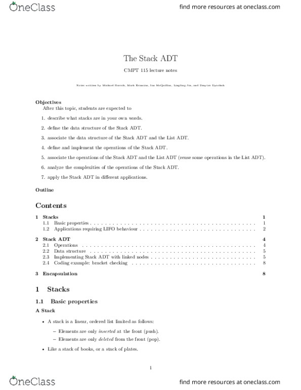 CMPT 115 Lecture Notes - Lecture 10: Linked List, Popping, Memory Management thumbnail