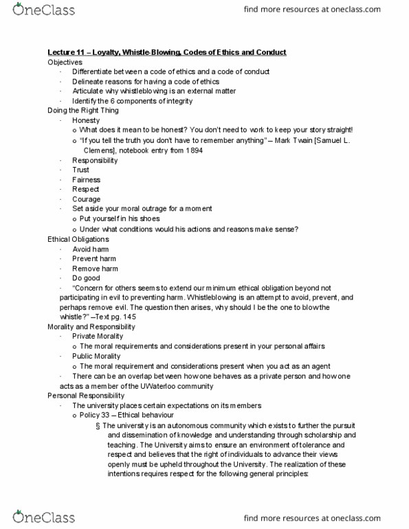 ARBUS202 Lecture Notes - Lecture 11: Whistleblower, Academic Integrity, Organizational Culture thumbnail