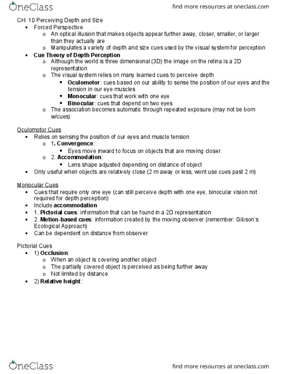 PSYCO367 Chapter Notes - Chapter 10: Diplopia, Aerial Perspective, Ponzo Illusion thumbnail