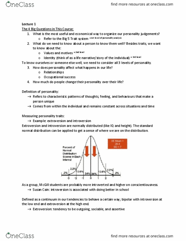 PSYC 332 Lecture Notes - Lecture 1: Susan Cain, Normal Distribution, Extraversion And Introversion thumbnail