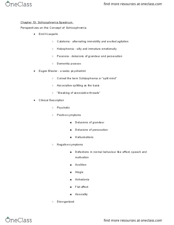 PSYCO239 Lecture Notes - Lecture 13: Asociality, Schizophreniform Disorder, Schizoaffective Disorder thumbnail
