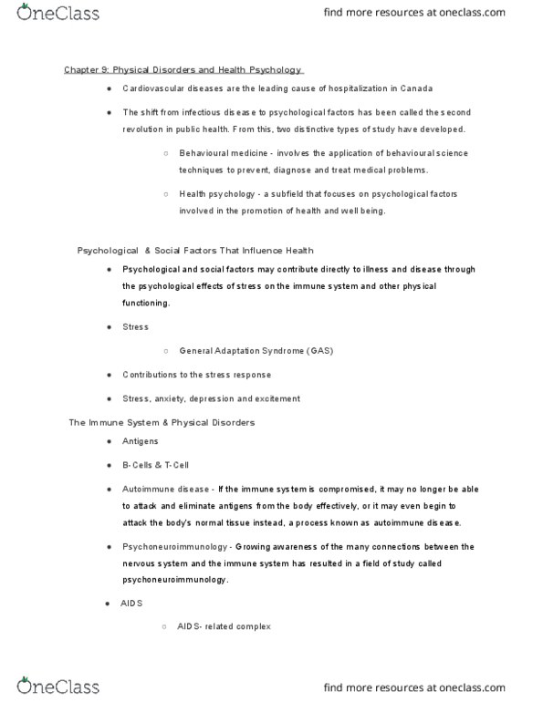 PSYCO239 Lecture Notes - Lecture 9: Cardiovascular Disease, Chronic Fatigue Syndrome, Psychoneuroimmunology thumbnail