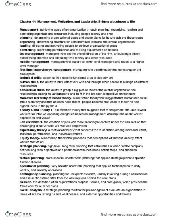 MGRL-1100 Chapter Notes - Chapter 14: Swot Analysis, Departmentalization, Job Enrichment thumbnail