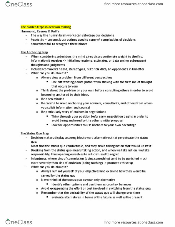 ORGS 4560 Lecture Notes - Lecture 8: Risk-Seeking, Sunk Costs thumbnail