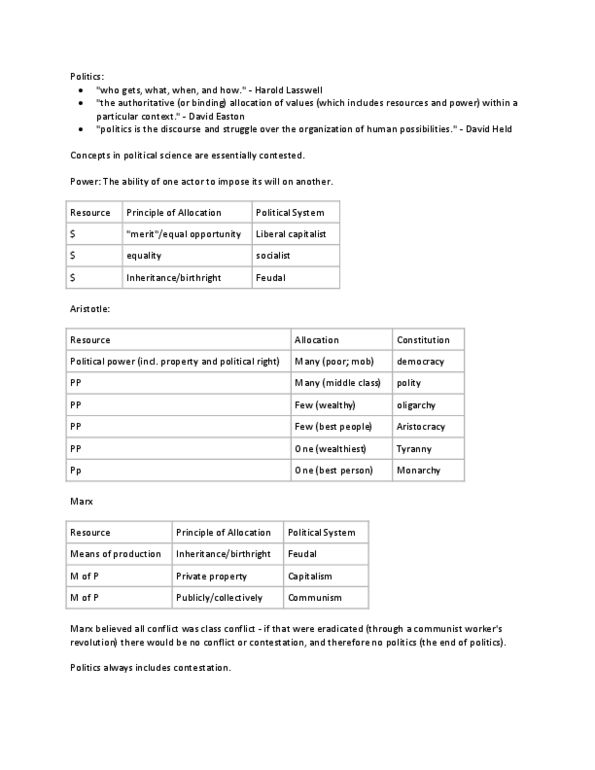 POLI 103 Lecture Notes - Class Conflict, Harold Lasswell, David Easton thumbnail