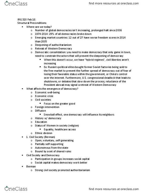 IRG 320F Lecture Notes - Lecture 8: Democratic Consolidation, Social Capital, Emerging Markets thumbnail