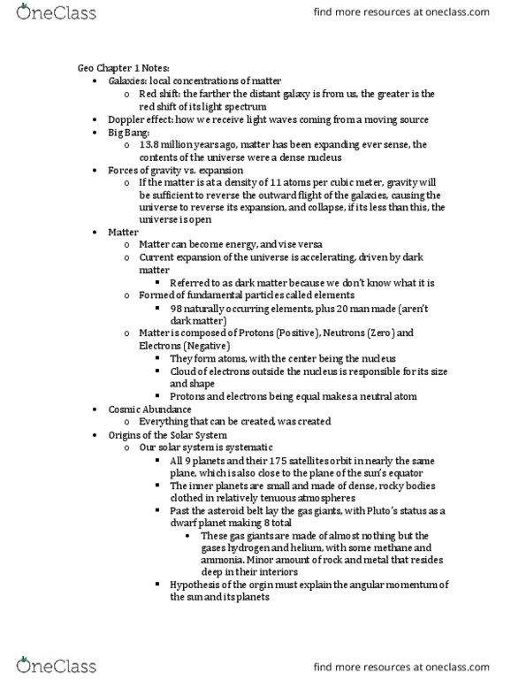 GEO 303 Chapter Notes - Chapter 1: Chemical Element, Redshift, Vise thumbnail