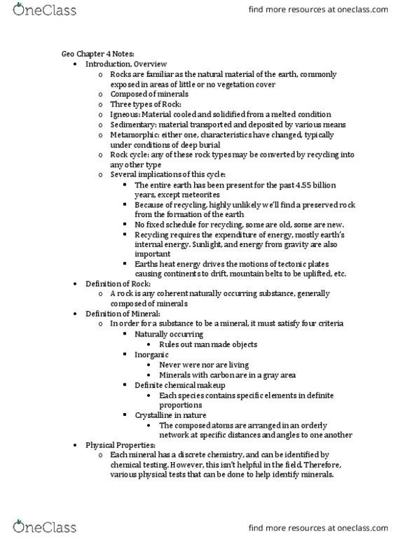 GEO 303 Chapter Notes - Chapter 4: Halide Minerals, Sulfide Minerals, Silicate Minerals thumbnail