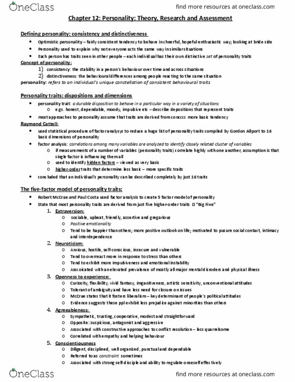 PS101 Chapter Notes - Chapter 12: Inferiority Complex, Social Cognitive Theory, Human Potential Movement thumbnail