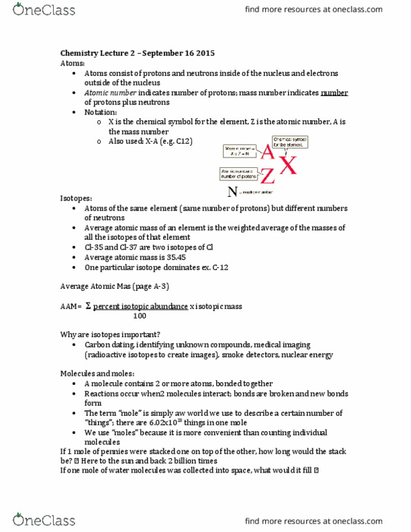 Chemistry 1301A/B Lecture Notes - Lecture 2: Molar Mass, Reagent, Molar Concentration thumbnail