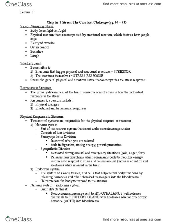 Health Sciences 1001A/B Lecture Notes - Lecture 3: Psychoneuroimmunology, Diabetes Mellitus Type 2, Hypertension thumbnail