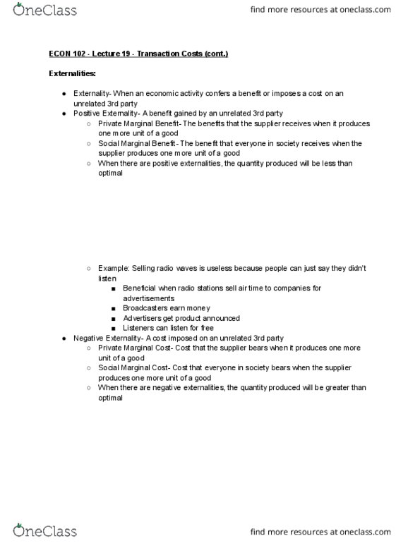 ECON 102 Lecture Notes - Lecture 19: Externality thumbnail