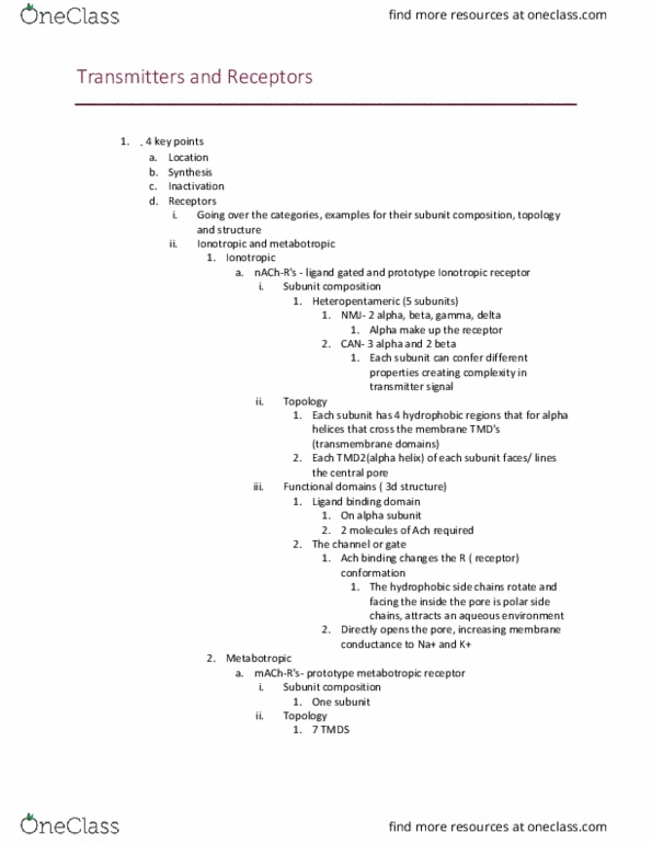 NSC 3319 Lecture Notes - Lecture 10: Neurotransmitter, Metabotropic Receptor, Transition-Minimized Differential Signaling thumbnail