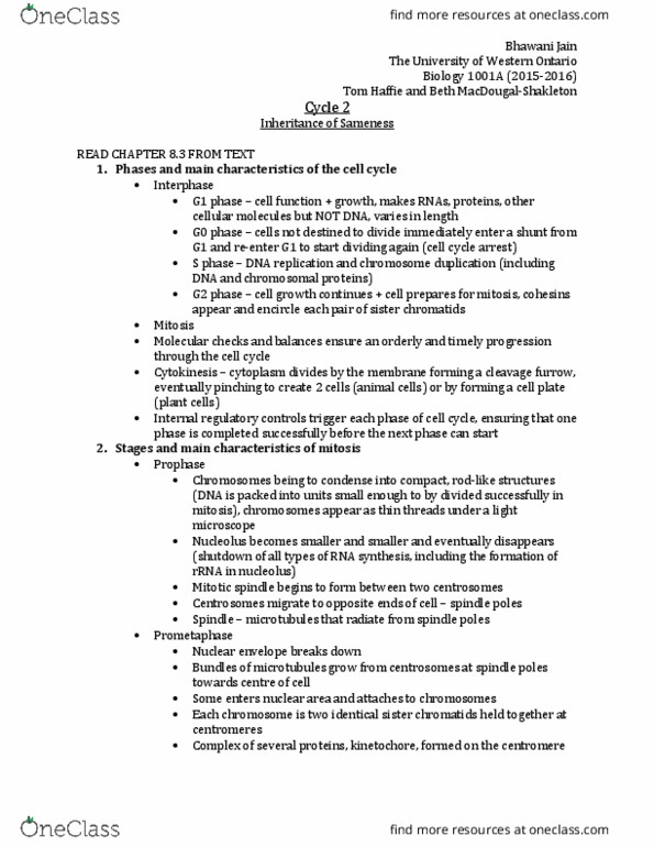 Biology 1001A Chapter Notes - Chapter 8: Dna Ligase, Helicase, Lethal Consequences thumbnail