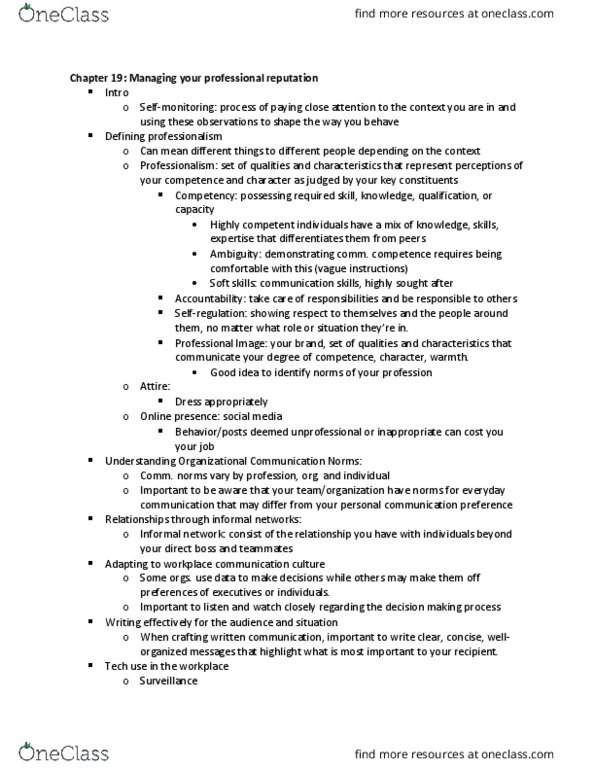 CMS 306M Chapter Notes - Chapter 19: Soft Skills, Organizational Communication thumbnail