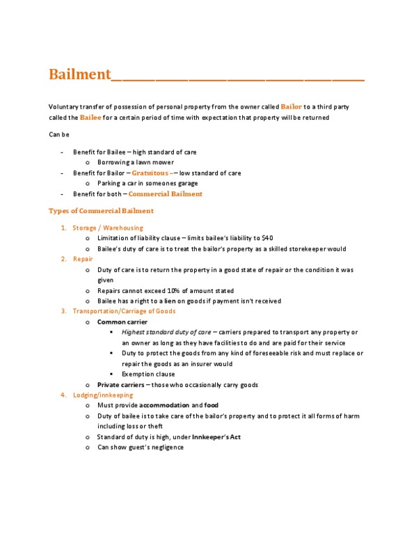 ADMS 2610 Chapter Notes -Bailment, Common Carrier thumbnail