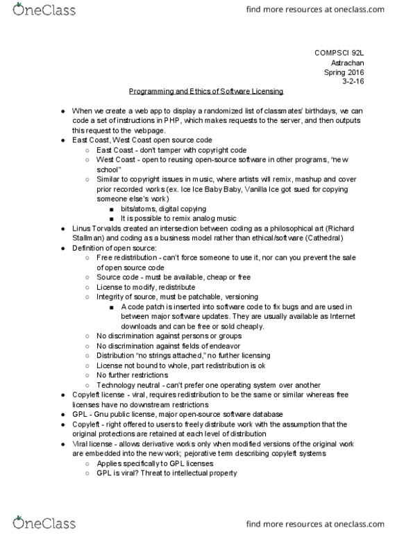 COMPSCI 92L Lecture Notes - Lecture 8: Viral License, Conditionality, Copyleft thumbnail