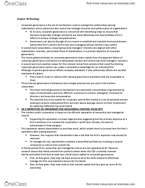 BUS 478 Chapter Notes - Chapter 10: Takeover, Agency Cost, Executive Compensation thumbnail