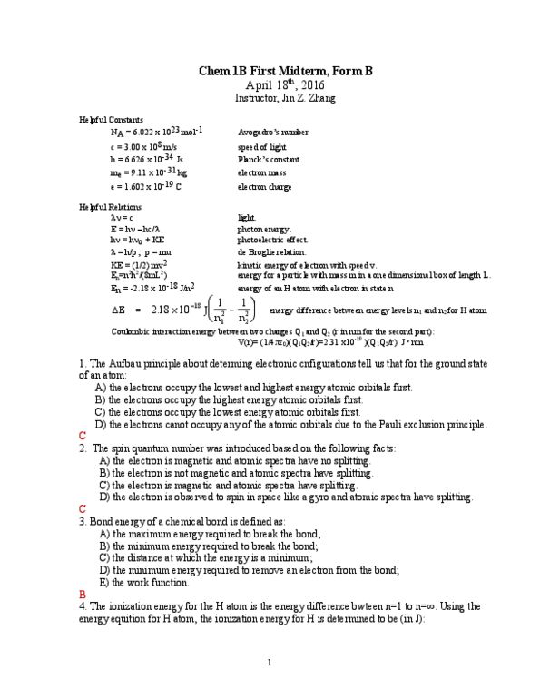 Chem 1b Study Guide Spring 16 Midterm Ion Electron Configuration Electron Affinity