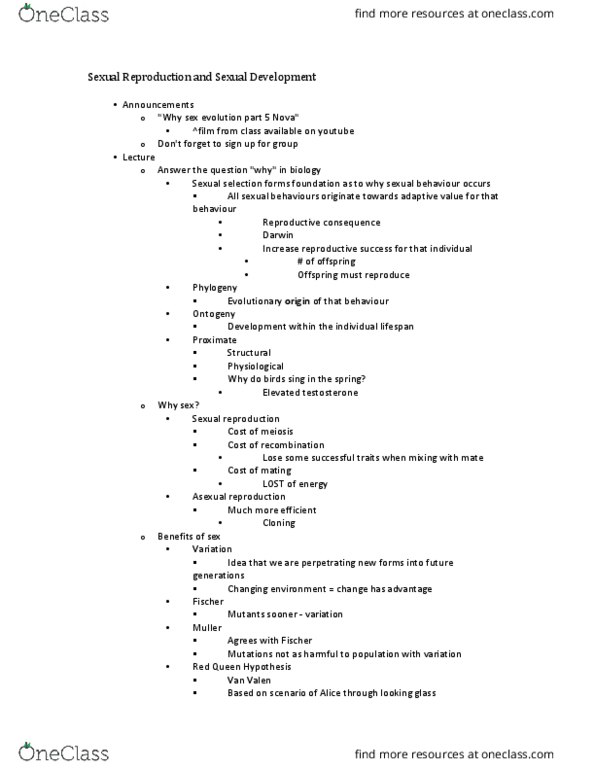 ANT331H5 Lecture Notes - Lecture 2: Asexual Reproduction, Sexual Reproduction, Ontogeny thumbnail